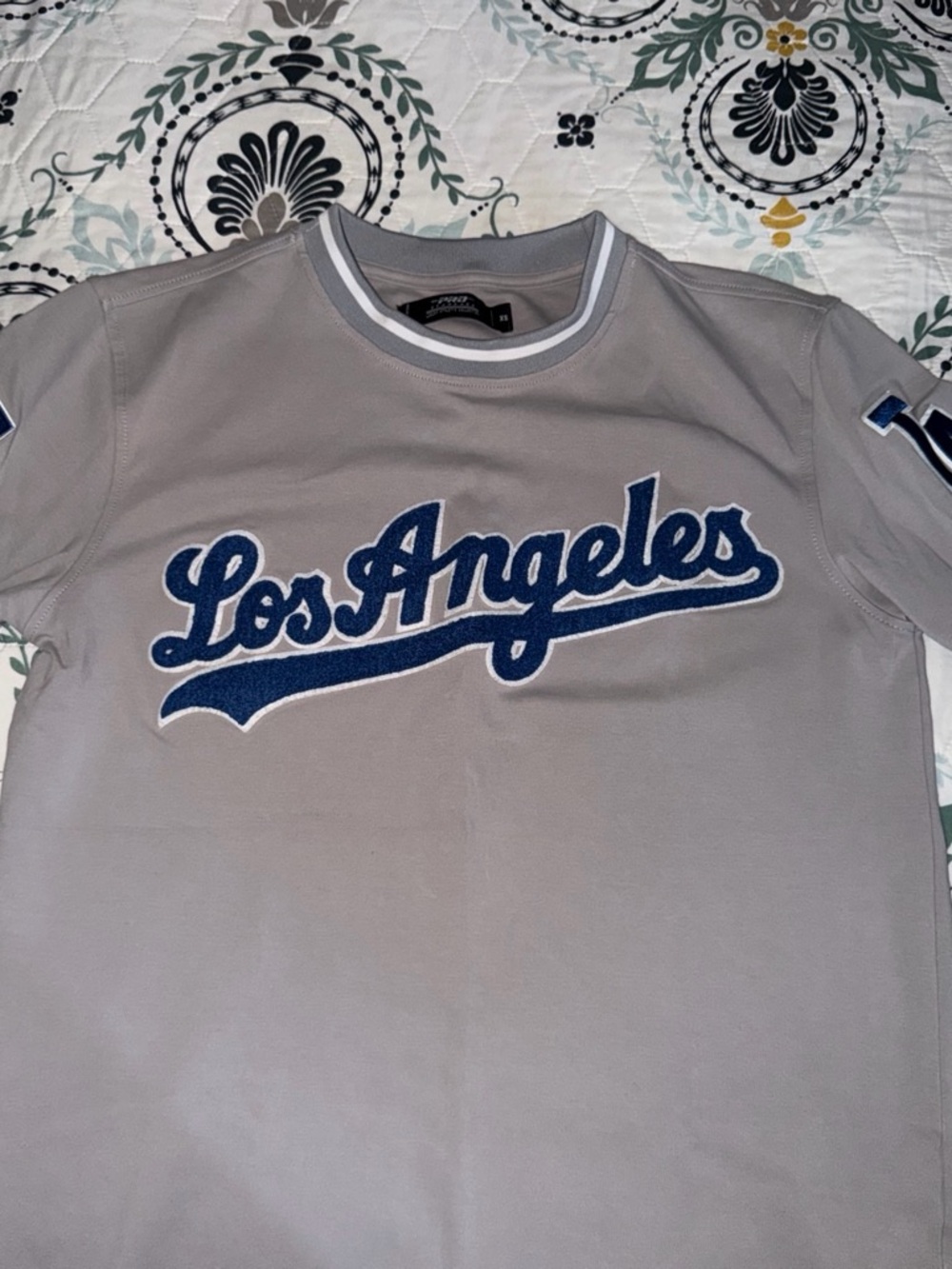 Grey Los Angeles Script Crewneck Shirt with Navy Applique